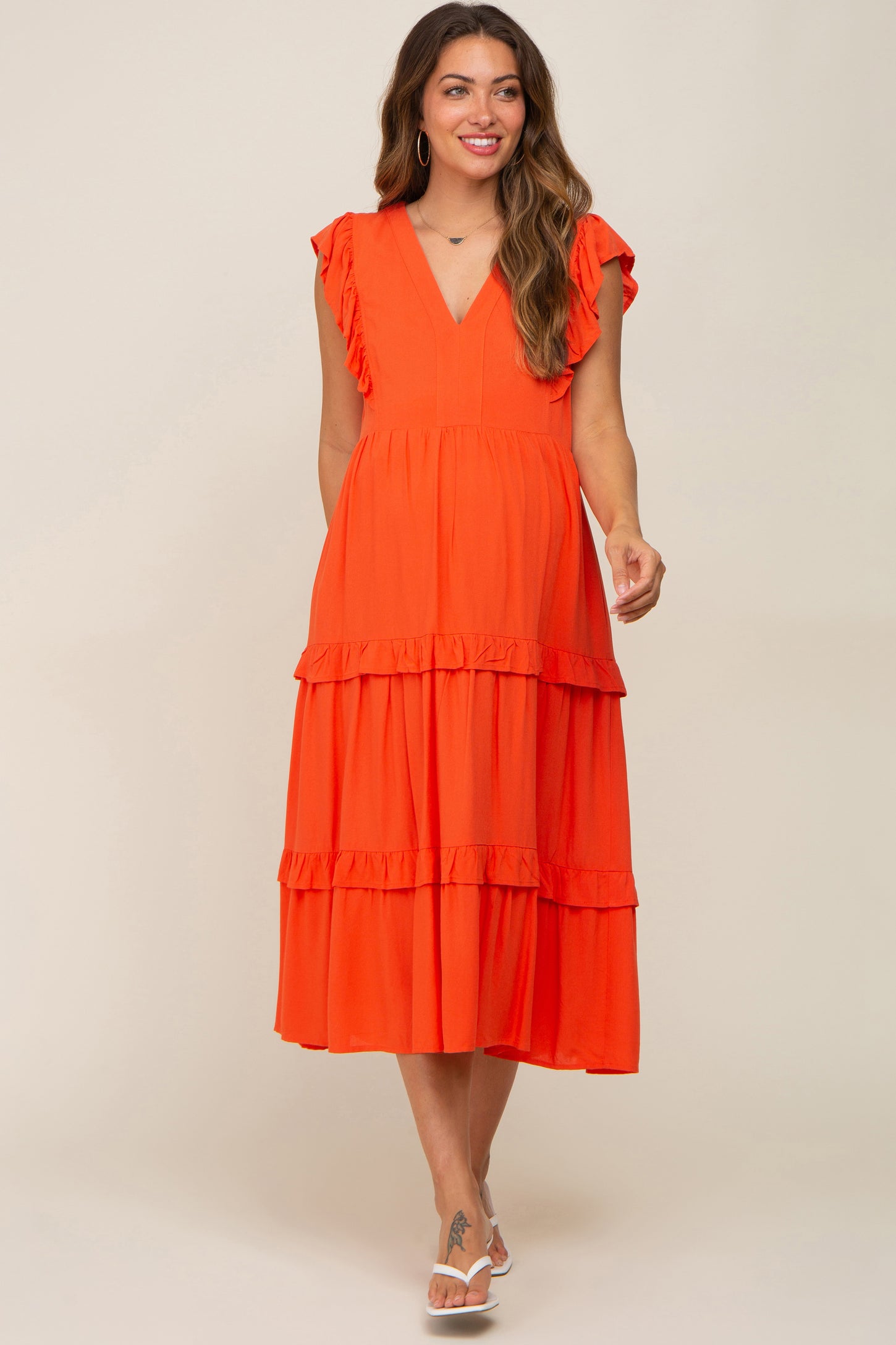 Orange Ruffle Accent Tiered Maternity Midi Dress– PinkBlush