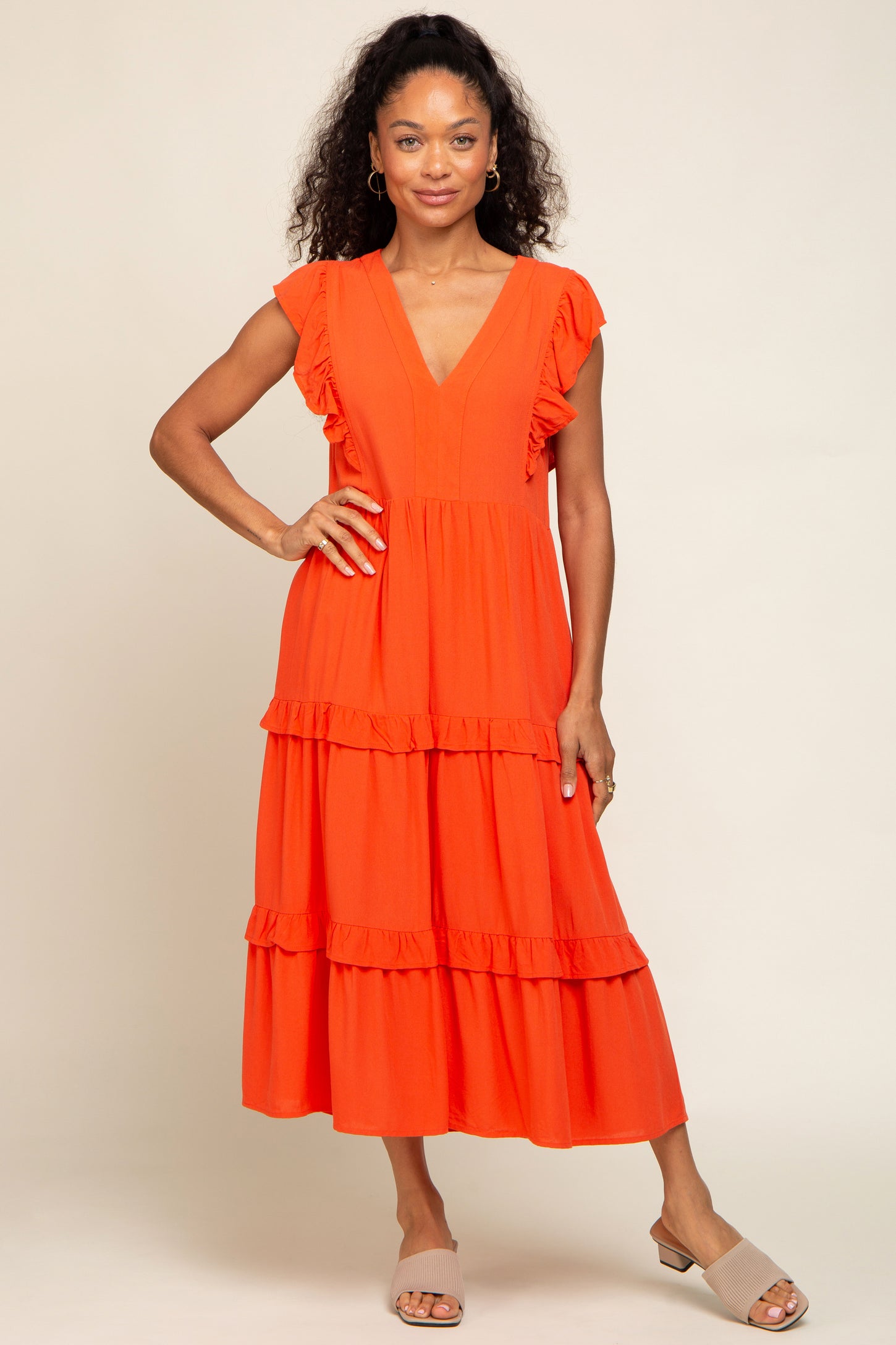 Orange Ruffle Accent Tiered Midi Dress– PinkBlush