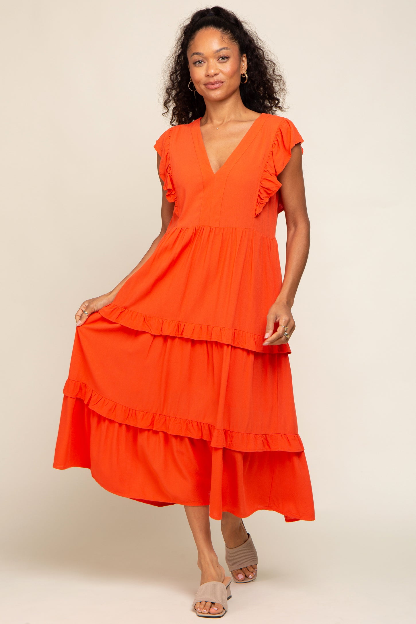 Orange Ruffle Accent Tiered Midi Dress – PinkBlush