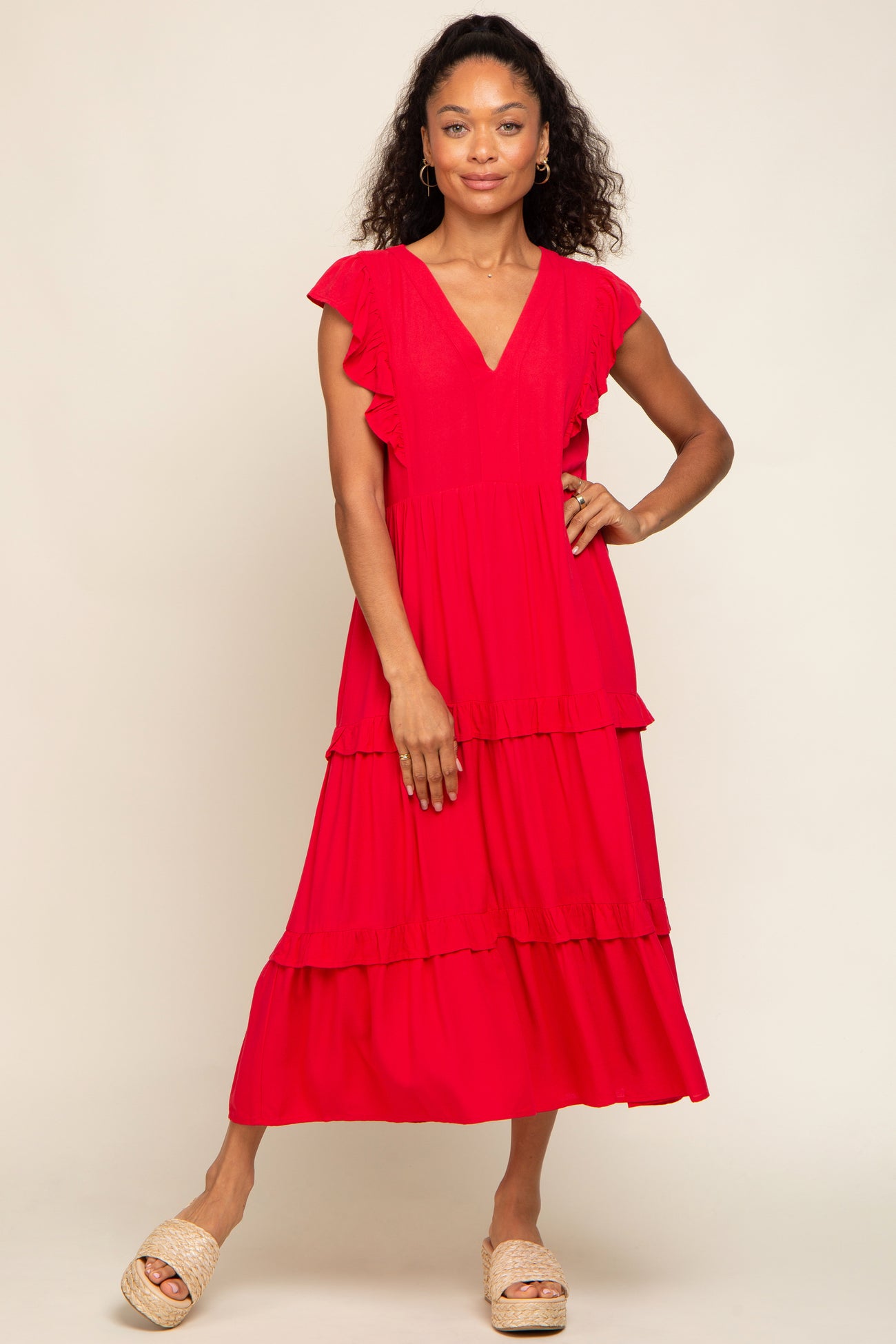 red ruffle dress midi Long Sleeve Sequin Ruffle Midi Dress Red