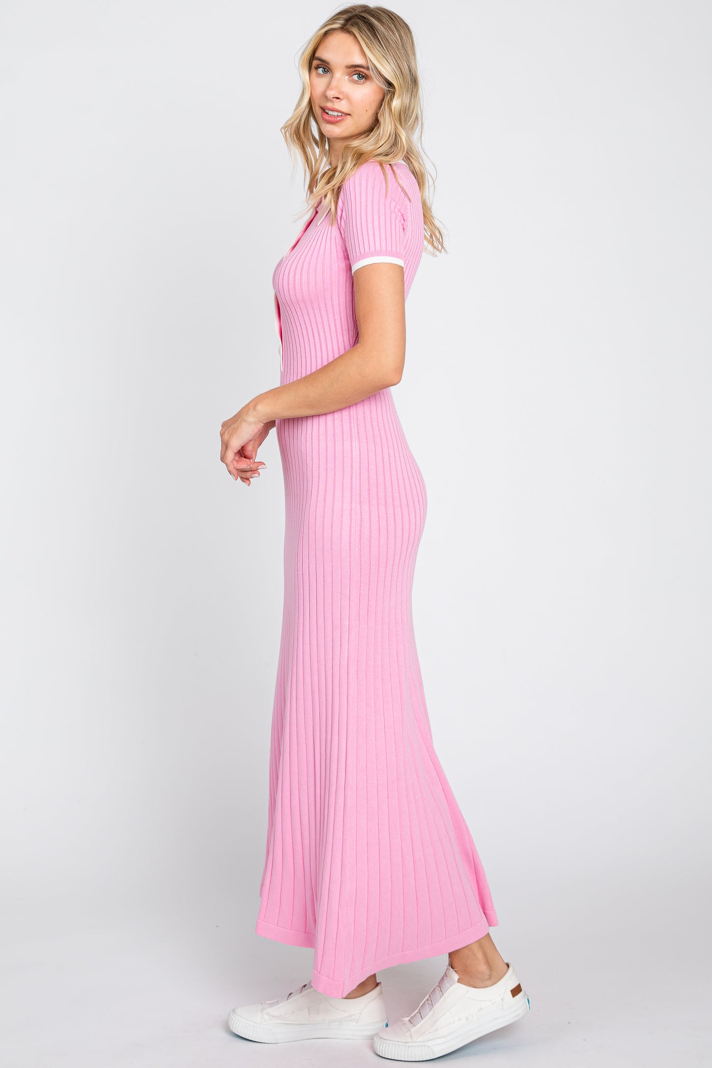 Pink Collared Knit Midi Dress