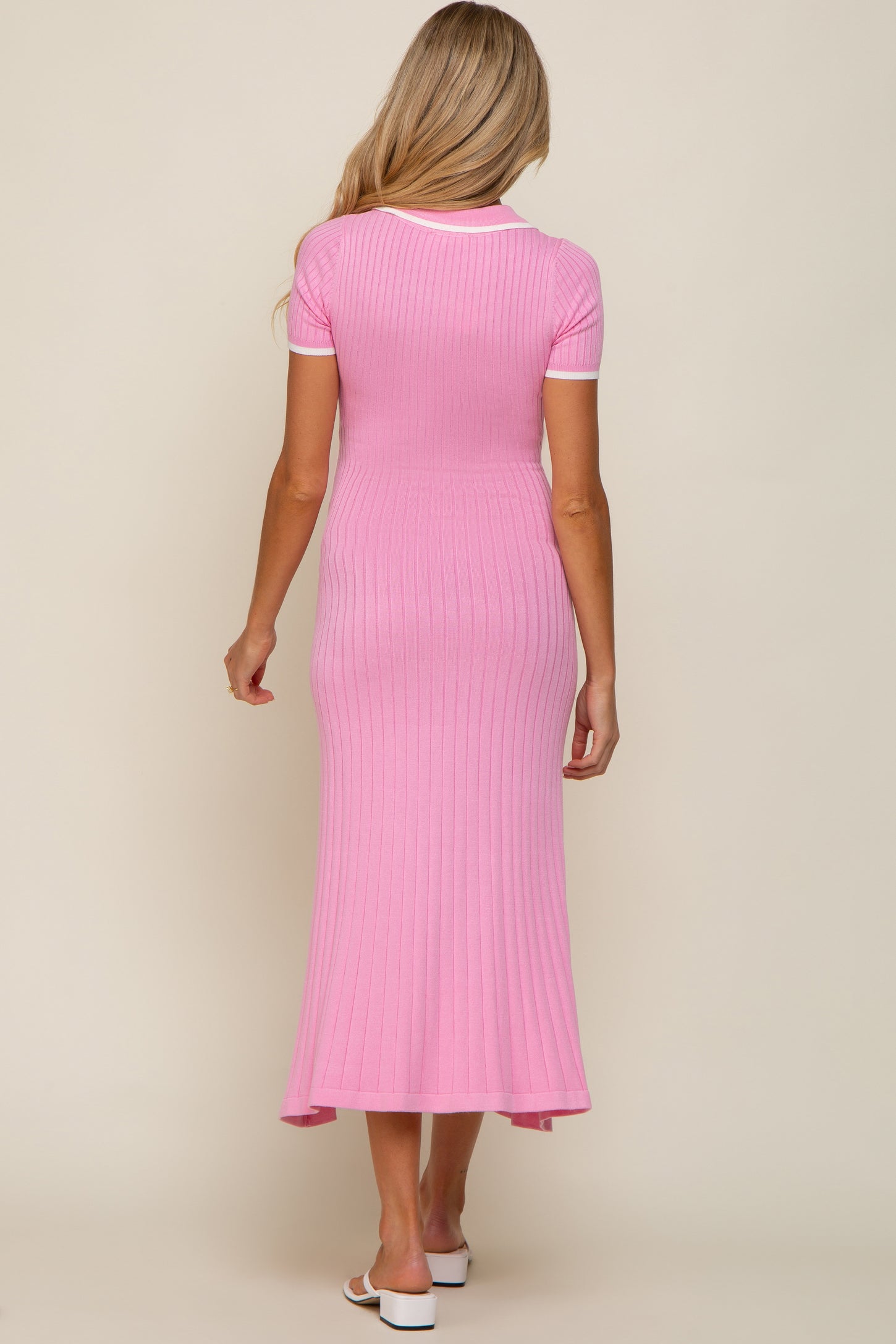 Pink Collared Knit Maternity Midi Dress Pink Collared Knit Maternity Midi Dress