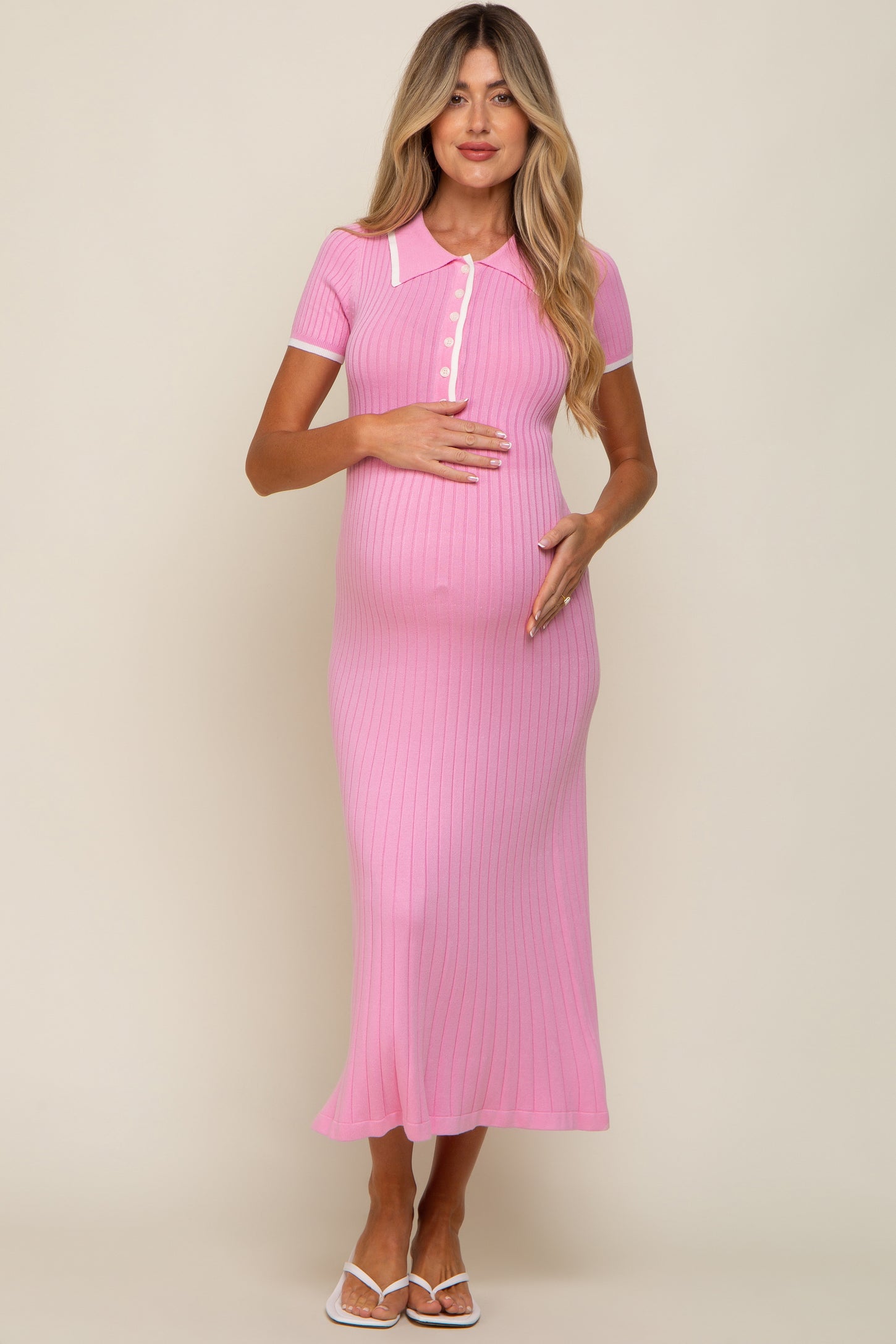 Pink Collared Knit Maternity Midi Dress Pink Collared Knit Maternity Midi Dress