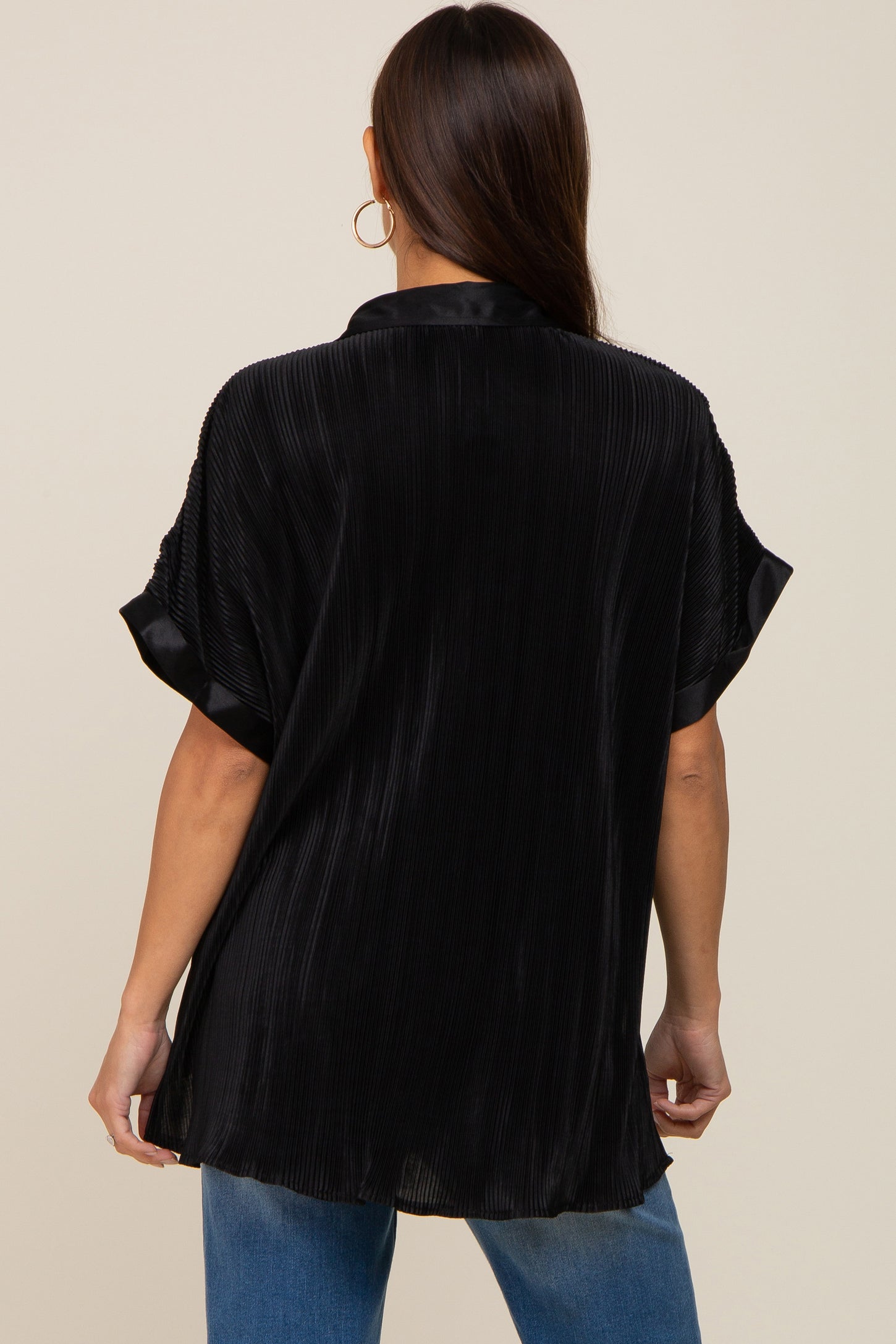 Black Pleated Satin Button Up Maternity Top