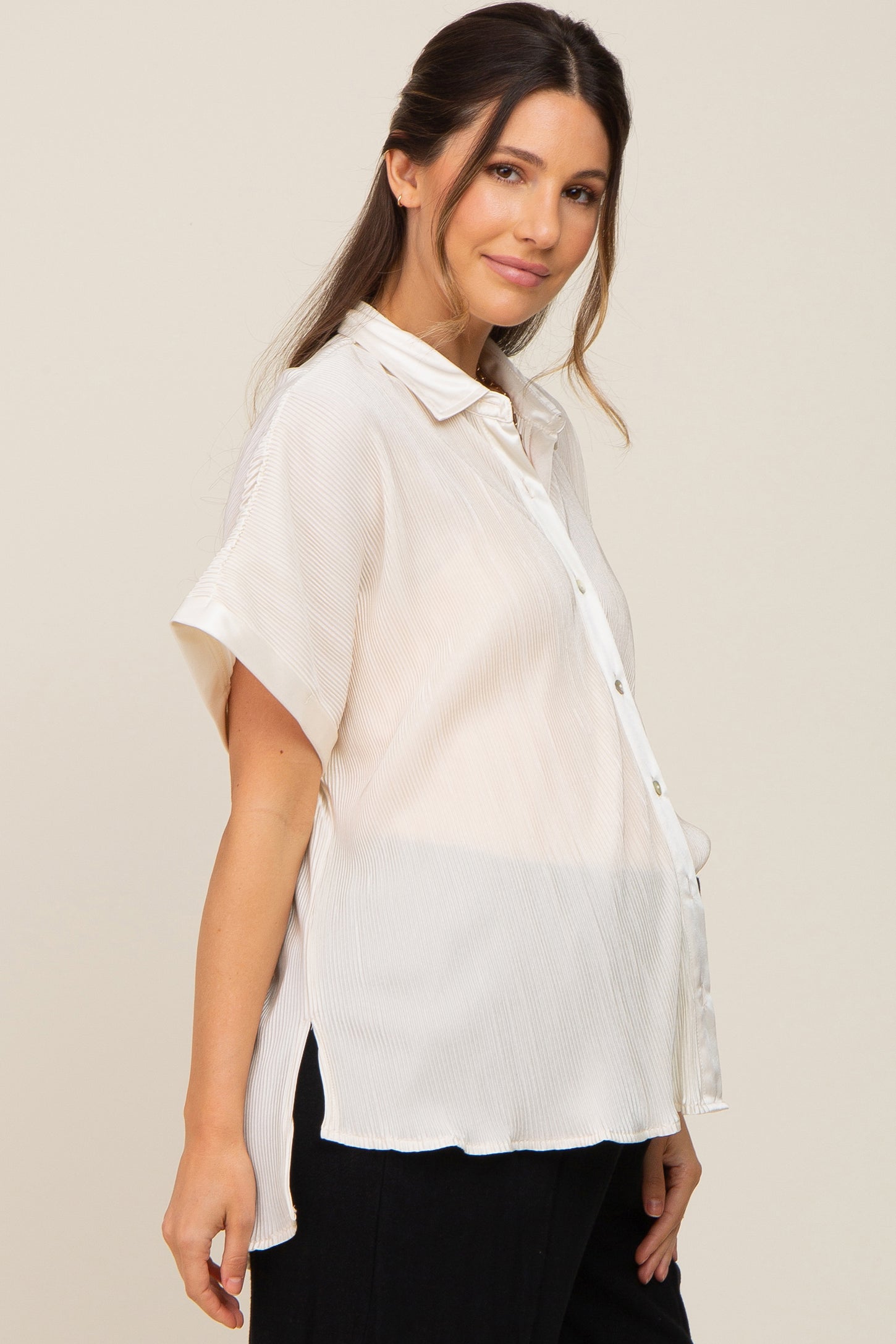 Cream Pleated Satin Button Up Maternity Top
