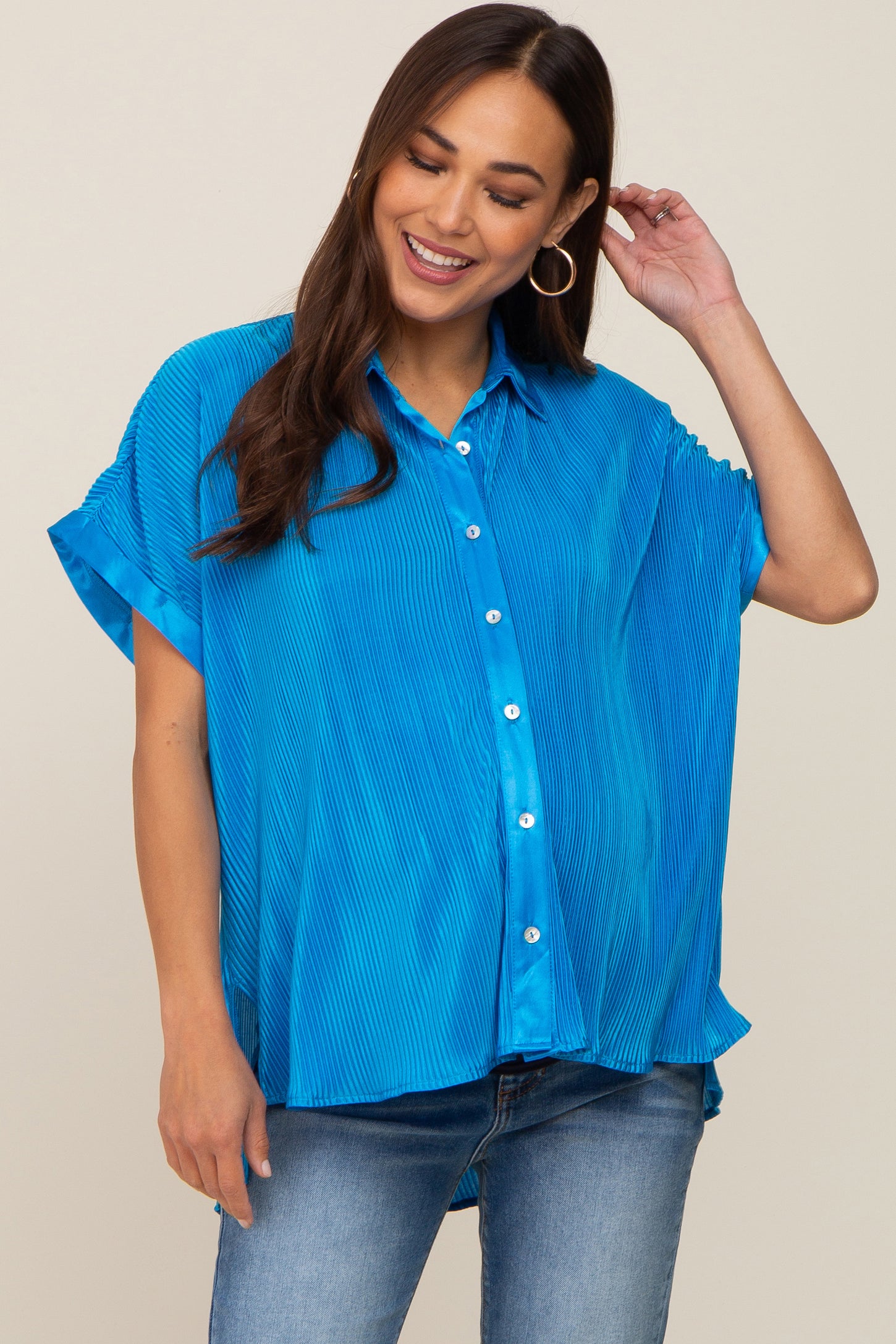 Blue Pleated Satin Button Up Maternity Top