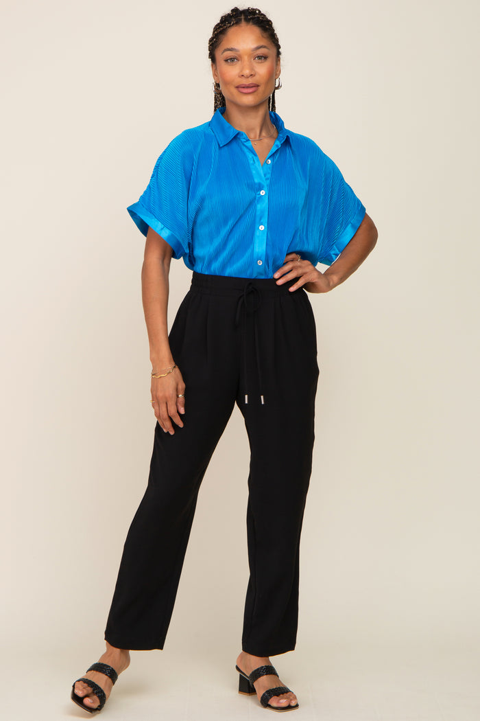 Blue Pleated Satin Button Up Top