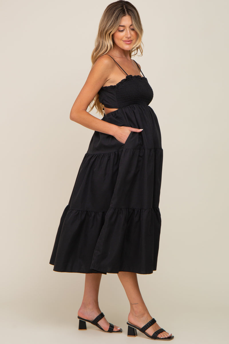 Black Smocked Open Back Tiered Maternity Midi Dress– PinkBlush