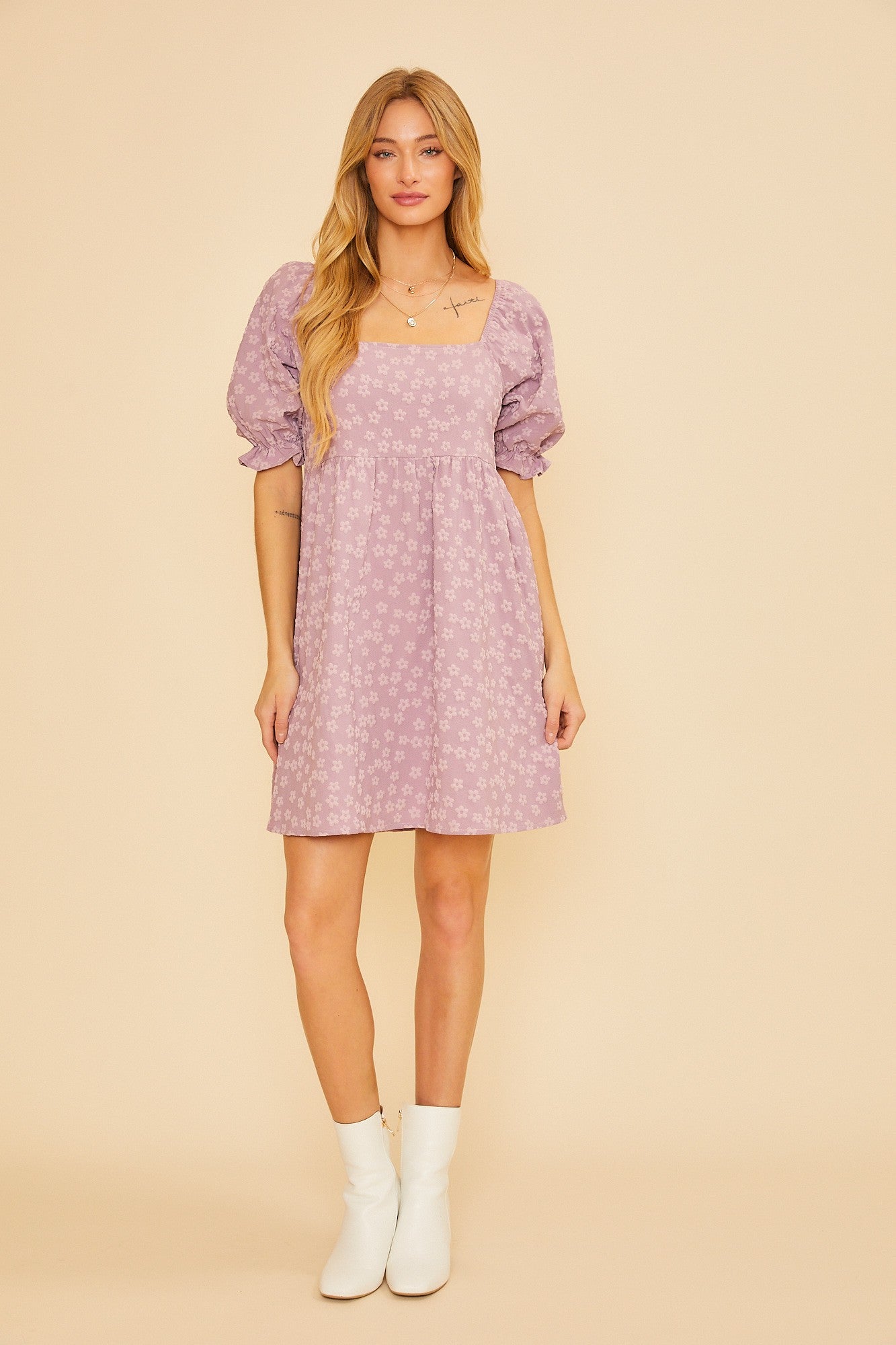 Lavender Floral Textured Square Neck Babydoll Dress Lavender Floral Textured Square Neck Babydoll Dress
