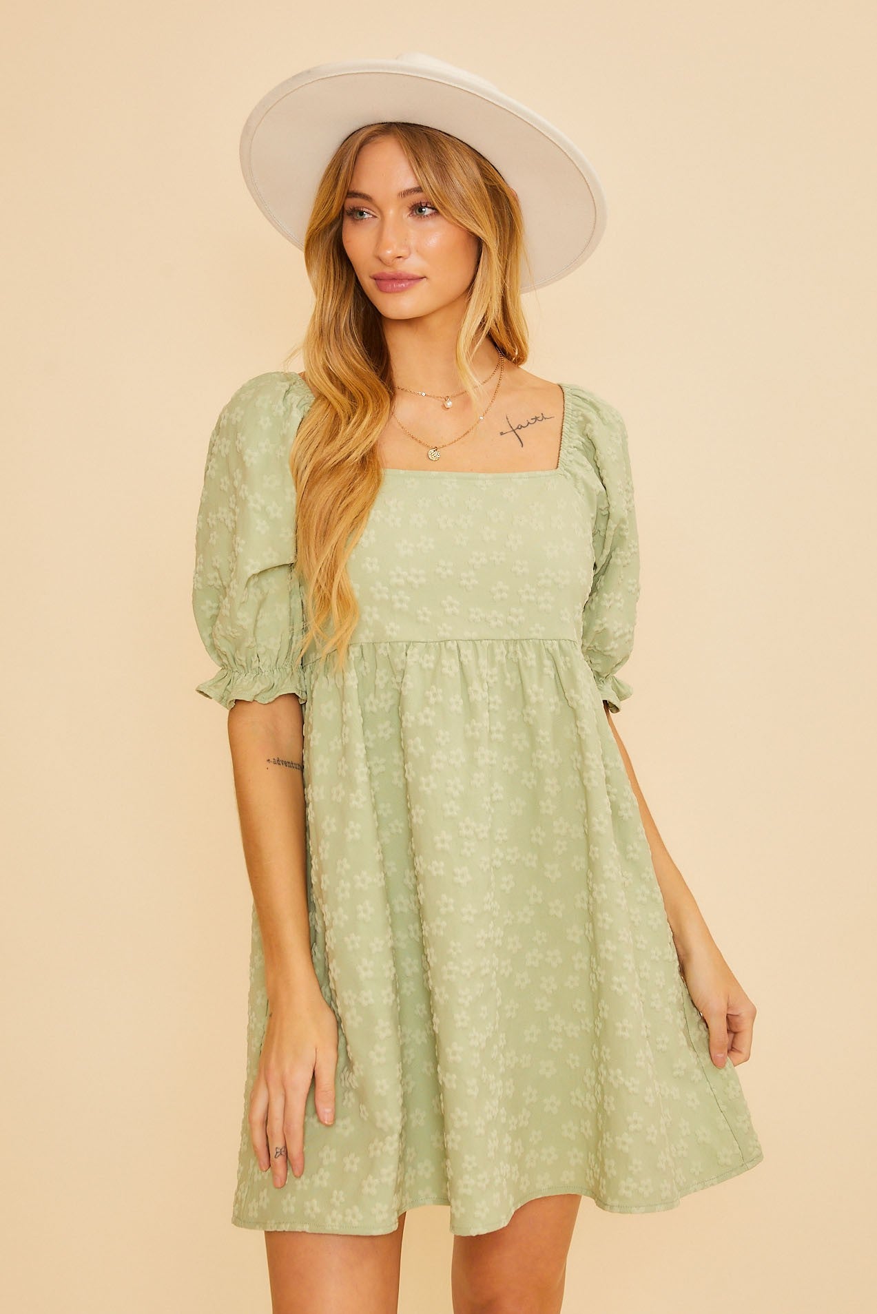 Light Olive Floral Textured Square Neck Babydoll Maternity Dress Light Olive Floral Textured Square Neck Babydoll Maternity Dress