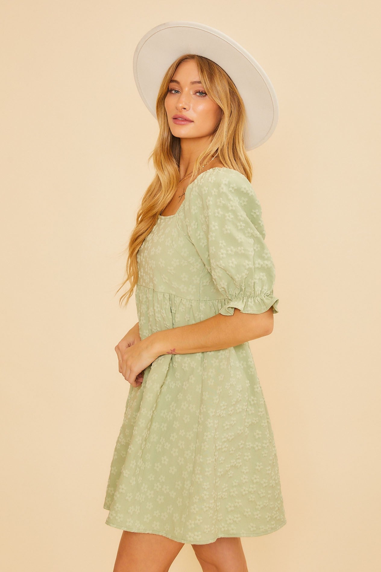 Light Olive Floral Textured Square Neck Babydoll Dress – PinkBlush