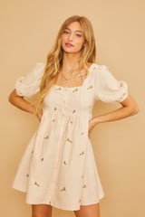 Cream Ribbed Button Front Flower Embroidered Maternity Dress