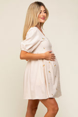 Cream Ribbed Button Front Flower Embroidered Maternity Dress