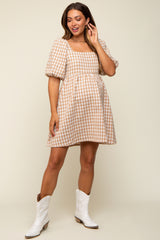 Taupe Houndstooth Tweed Square Neck Maternity Dress