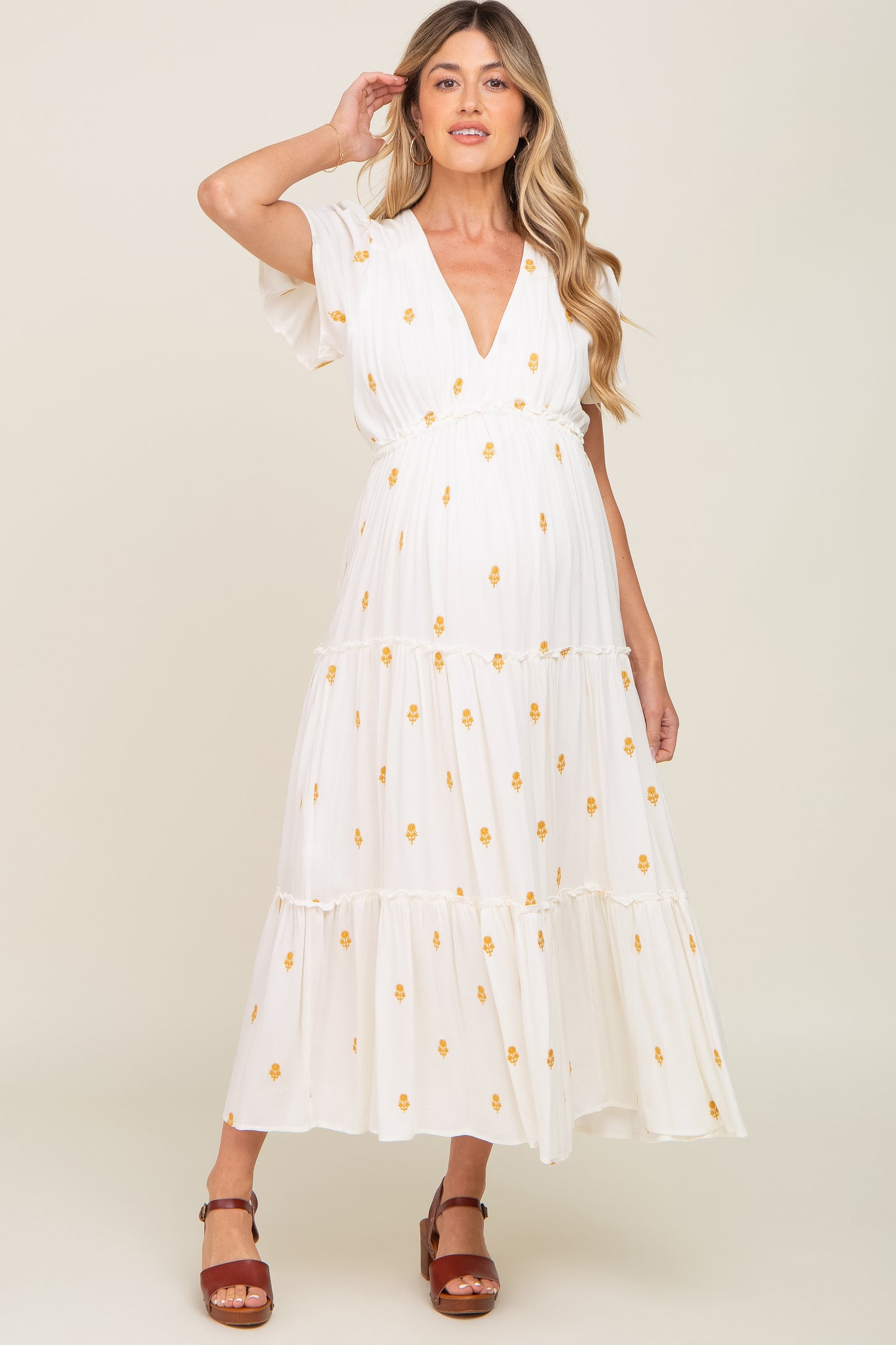 Cream Floral Embroidered Tiered Maternity Maxi Dress
