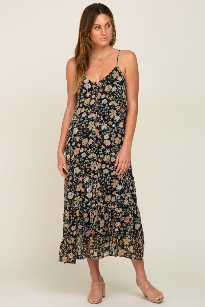 Black Floral Swiss Dot Back Tie Maternity Midi Dress XL