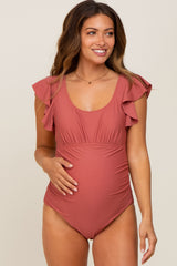 Rust Ruffle Shoulder Pleated Side Maternity One Piece Swimsuit