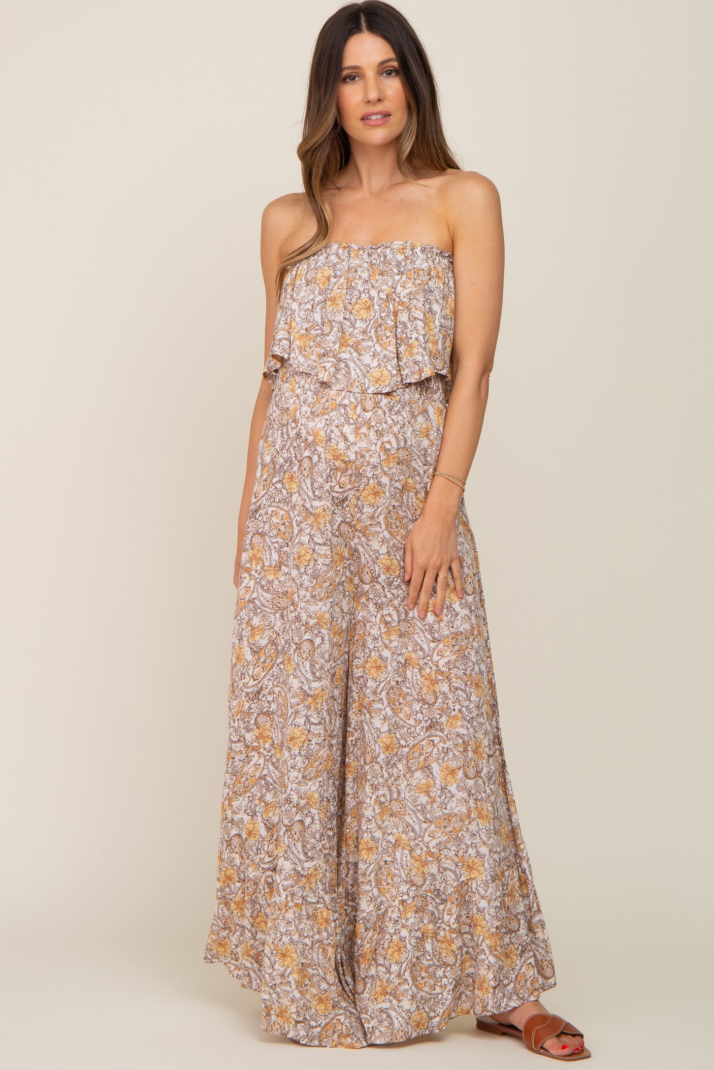 Taupe Paisley Ruffle Strapless Maternity Jumpsuit