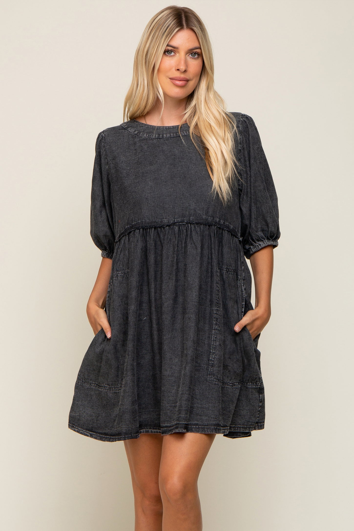 Black Faded Denim Chambray Maternity Mini Dress – PinkBlush