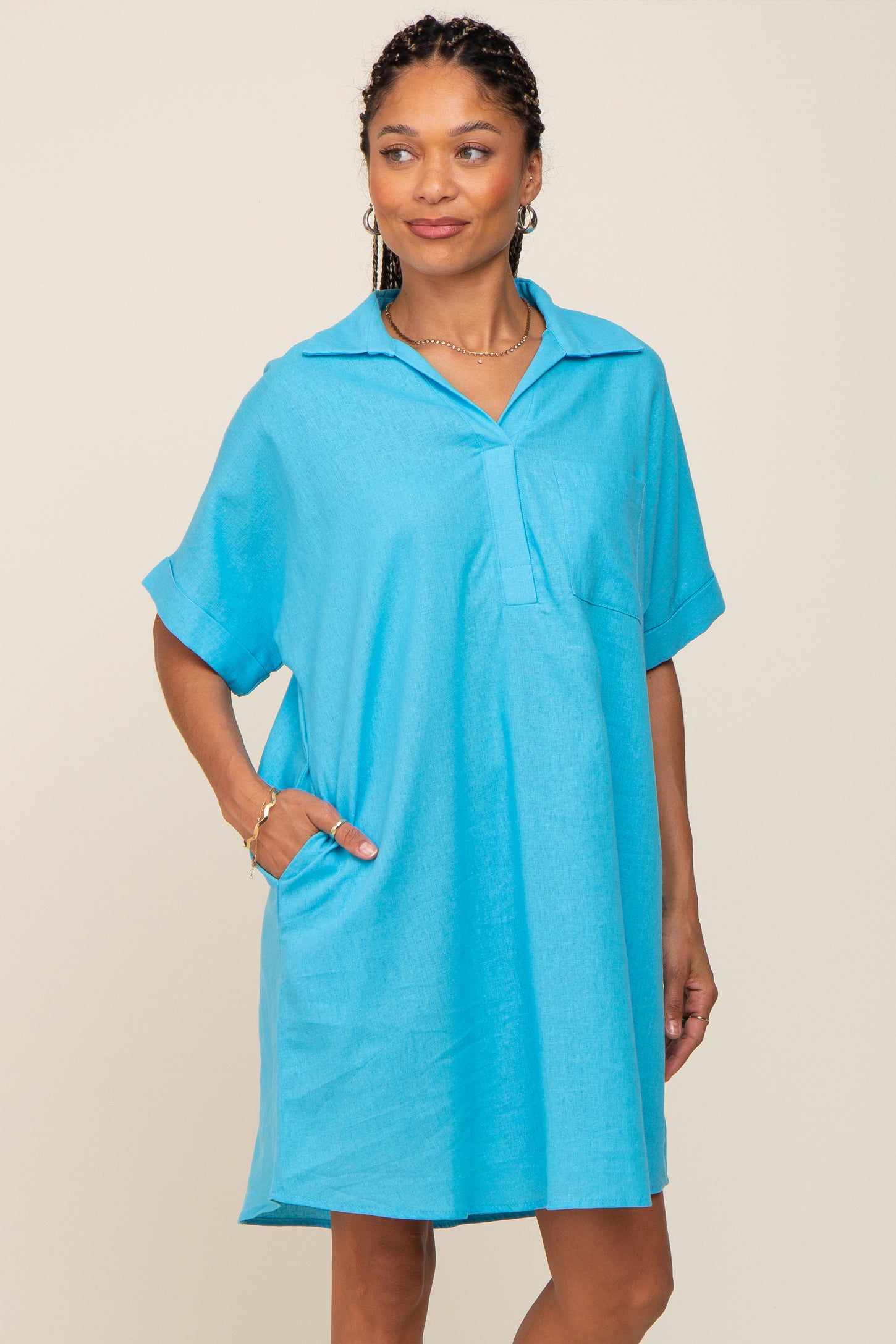 Light Blue Linen Collared Front Pocket Short Sleeve Maternity Dress PinkBlush Light Blue Linen Collared Front Pocket Short Sleeve Maternity Dress PinkBlush