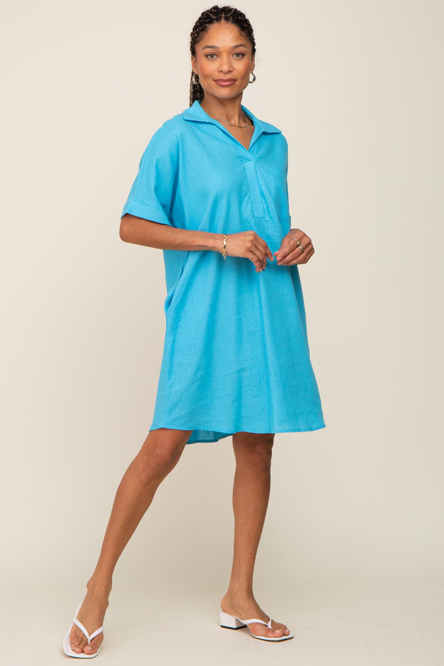 Light Blue Linen Collared Front Pocket Short Sleeve Dress – PinkBlush