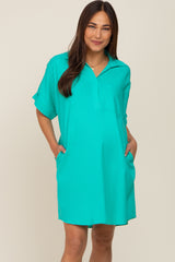 Aqua Linen Collared Front Pocket Short Sleeve Maternity Dress