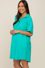 Aqua Linen Collared Front Pocket Short Sleeve Maternity Dress