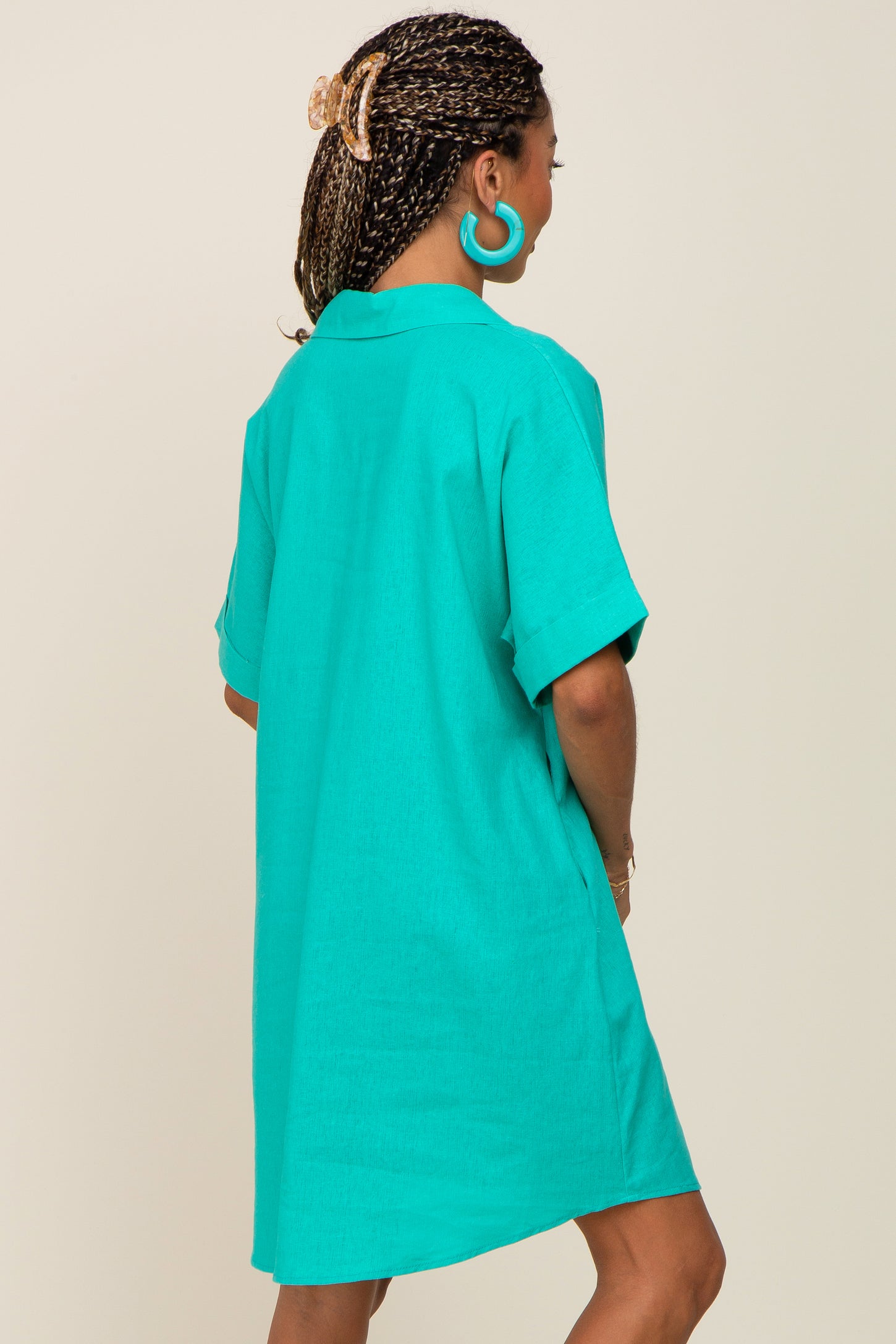 Aqua Linen Collared Front Pocket Short Sleeve Dress PinkBlush Aqua Linen Collared Front Pocket Short Sleeve Dress PinkBlush