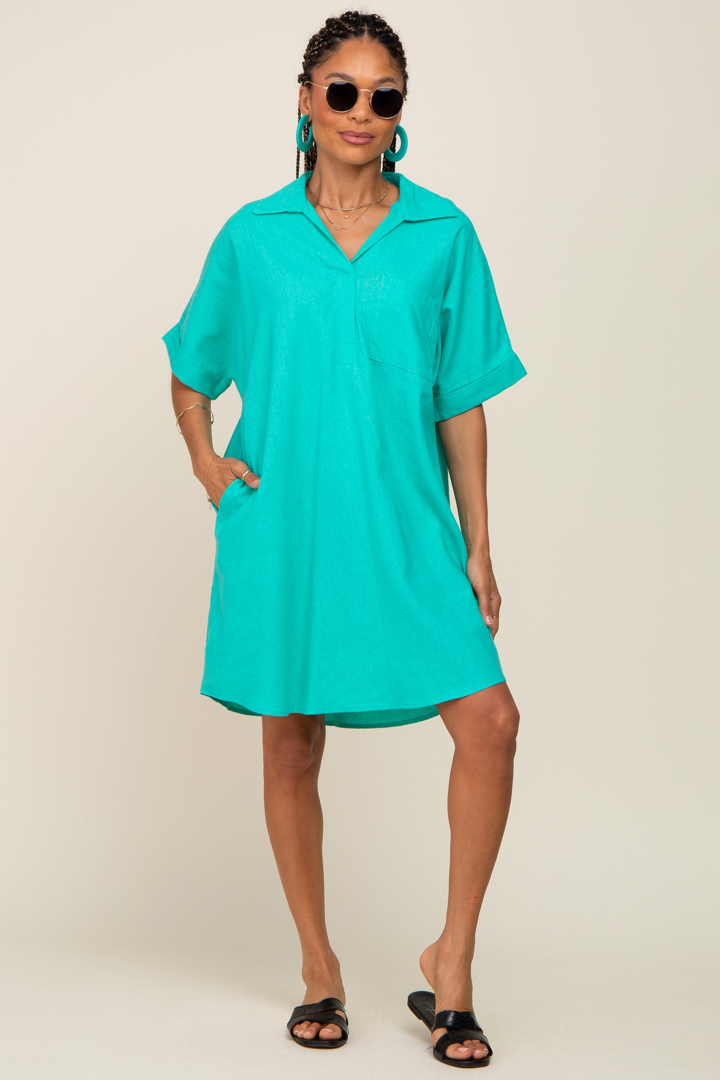 Aqua Linen Collared Front Pocket Short Sleeve Dress PinkBlush Aqua Linen Collared Front Pocket Short Sleeve Dress PinkBlush