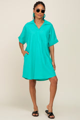 Aqua Linen Collared Front Pocket Short Sleeve Dress