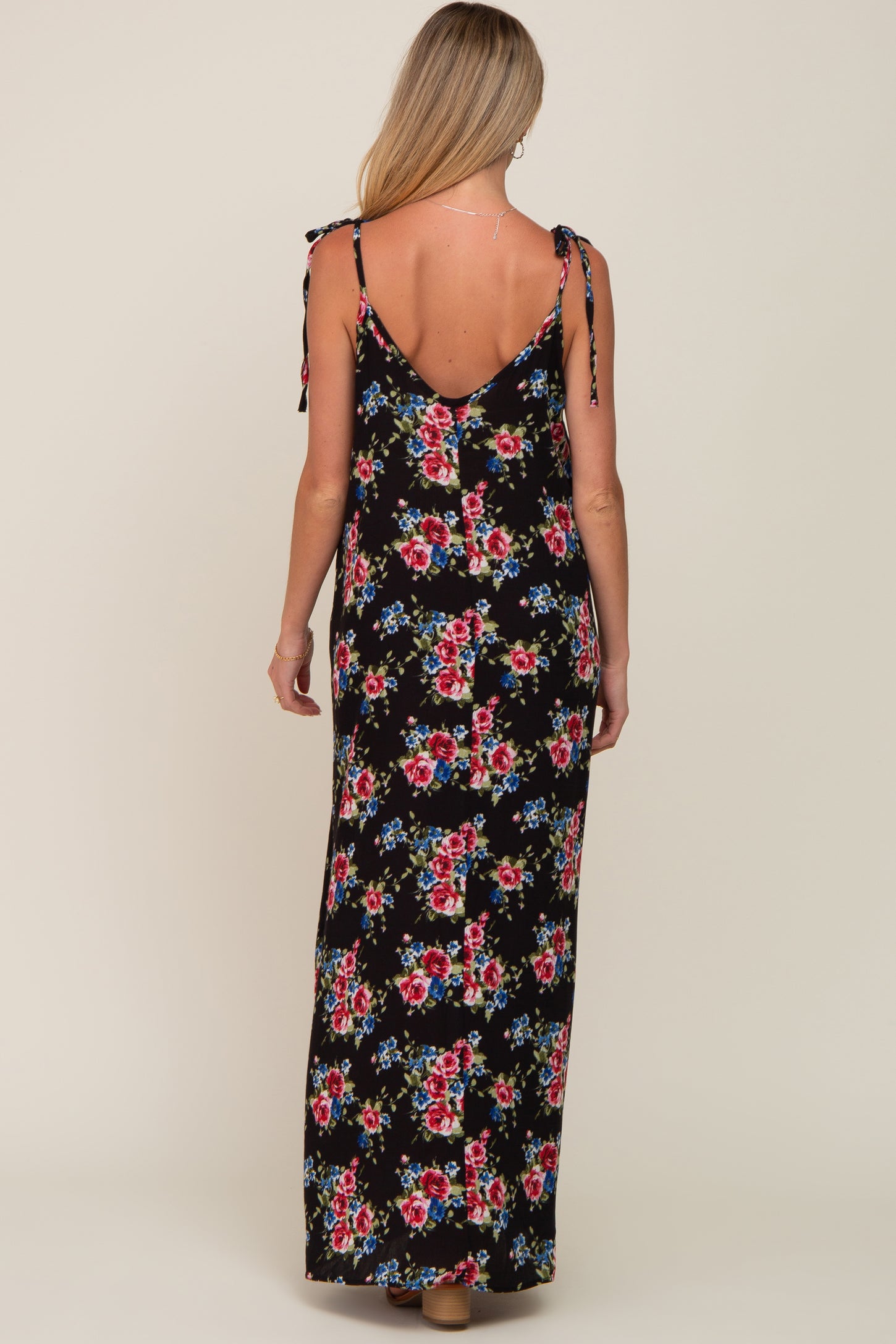 Black Floral Shoulder Tie Maternity Maxi Dress