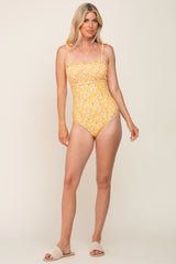 Yellow Floral Smocked Tie Strap One-Piece Swimsuit