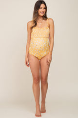 Yellow Floral Smocked Tie Strap Maternity One-Piece Swimsuit