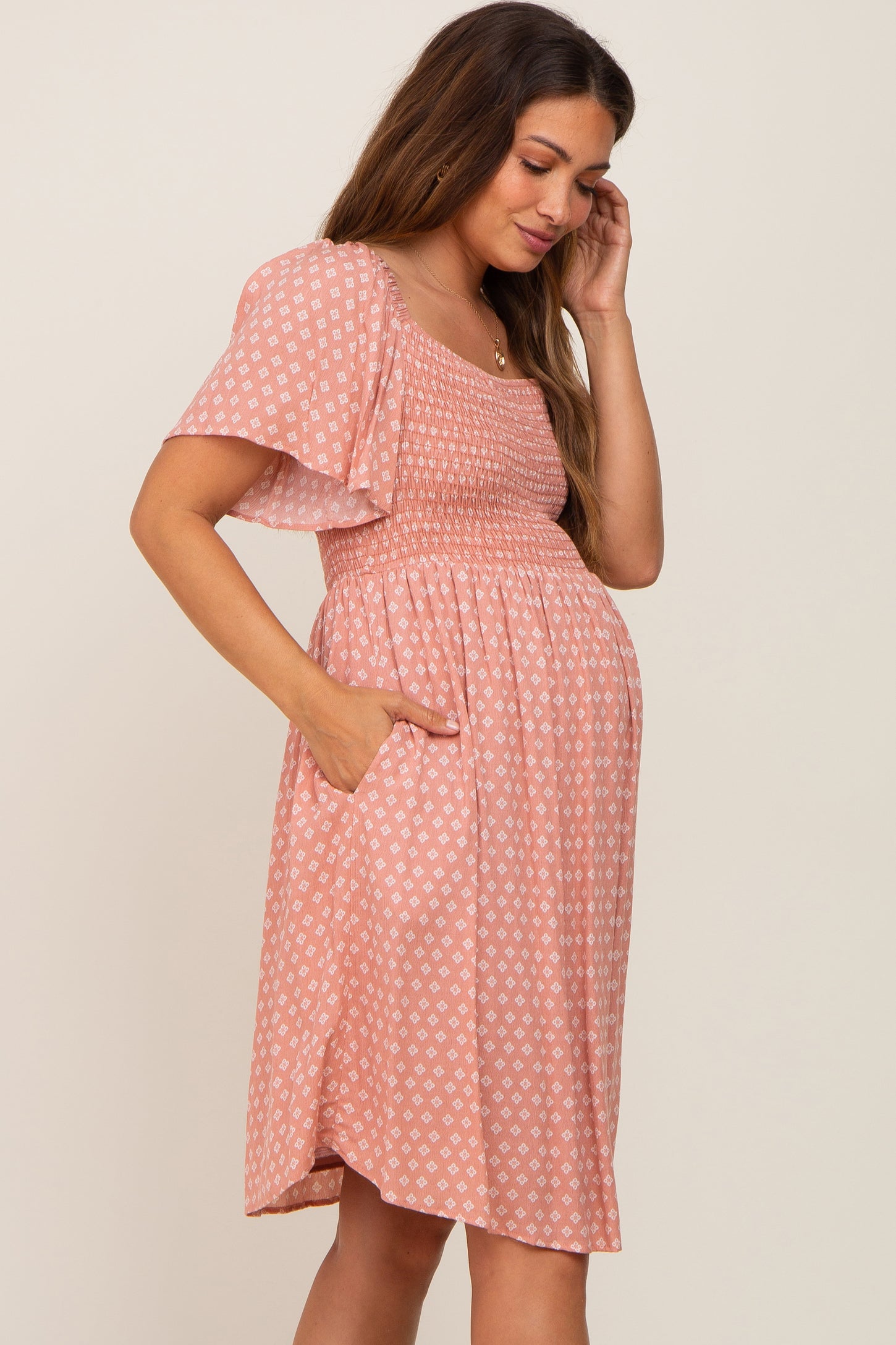 Mauve Printed Smocked Flutter Sleeve Maternity Dress
