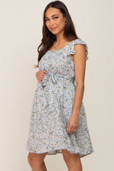 Light Blue Floral Flutter Sleeve Waist Tie Maternity Dress