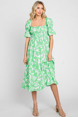 Green Leaf Print Cinched Puff Sleeve Maternity Midi Dress