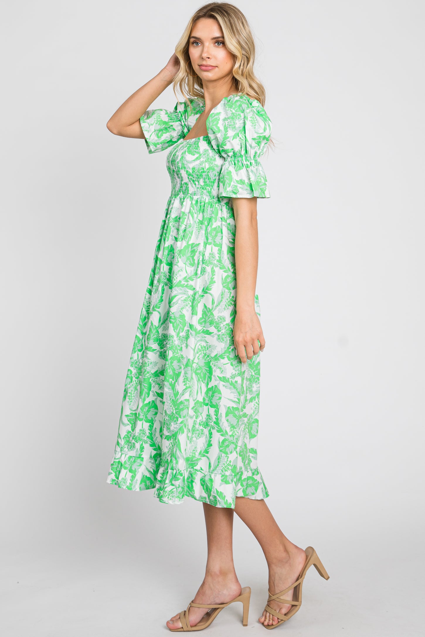 Green Leaf Print Cinched Puff Sleeve Midi Dress