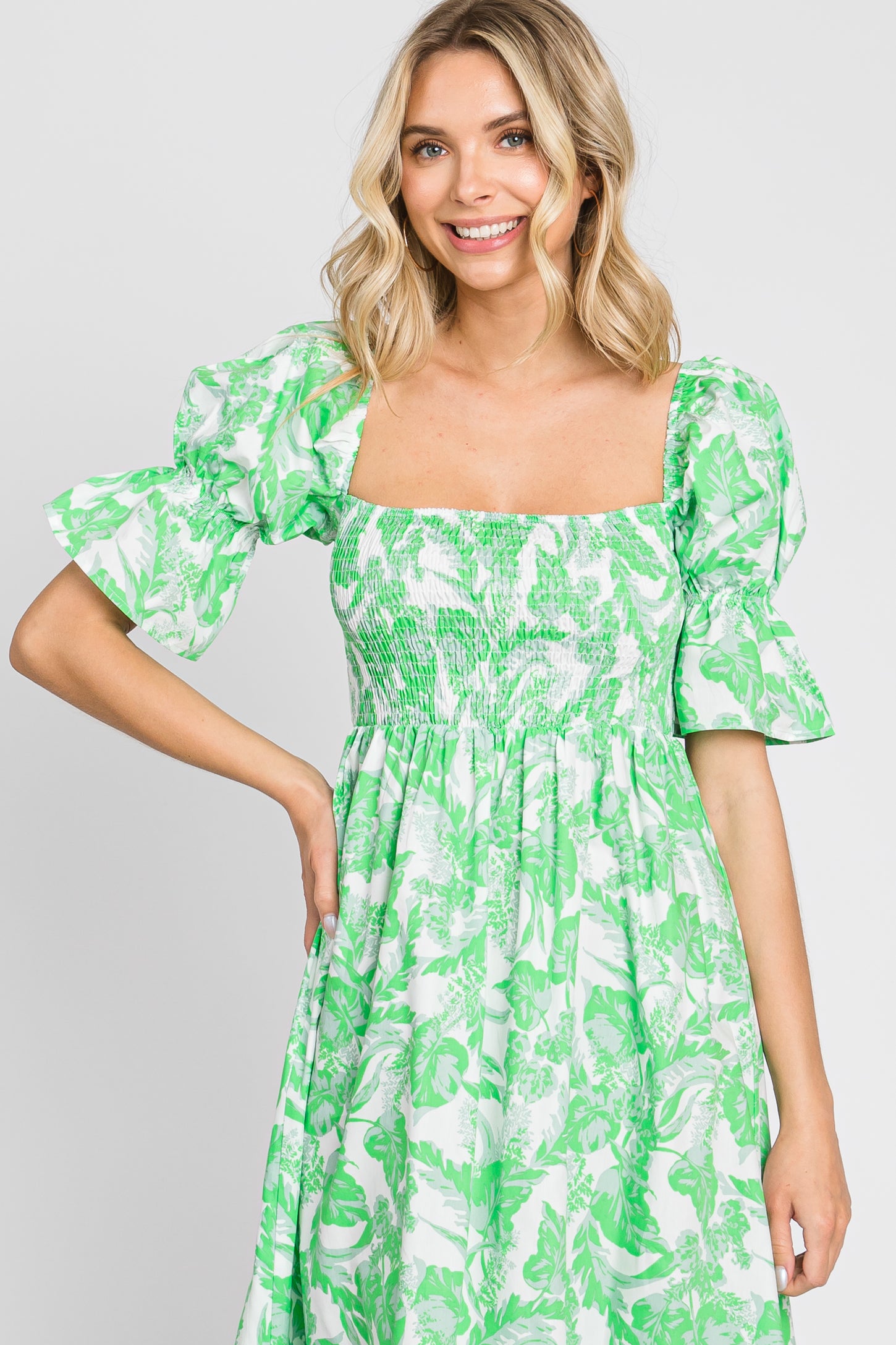Green Leaf Print Cinched Puff Sleeve Midi Dress