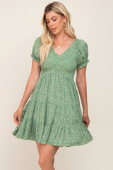 Green Floral Smocked V-Neck Short Sleeve Maternity Dress