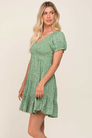 Green Floral Smocked V-Neck Short Sleeve Dress