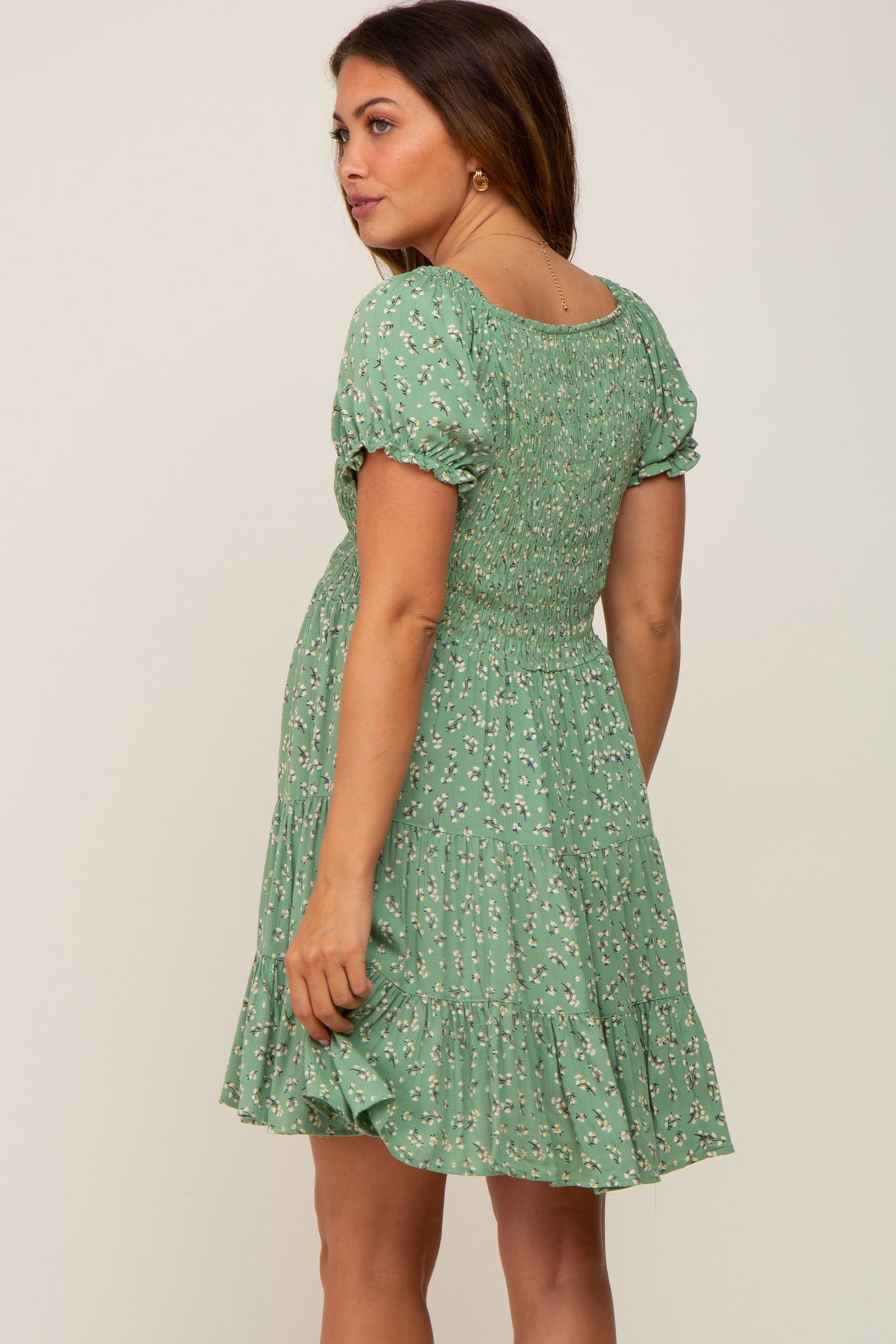 Green Floral Smocked V-Neck Short Sleeve Maternity Dress