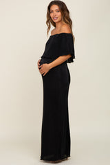 Black Pleated Ruffle Off Shoulder Maternity Maxi Dress
