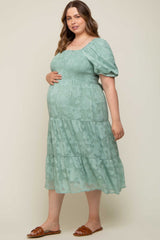 Mint Green Floral Textured Tiered Maternity Plus Midi Dress