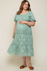 Mint Green Floral Textured Tiered Maternity Plus Midi Dress