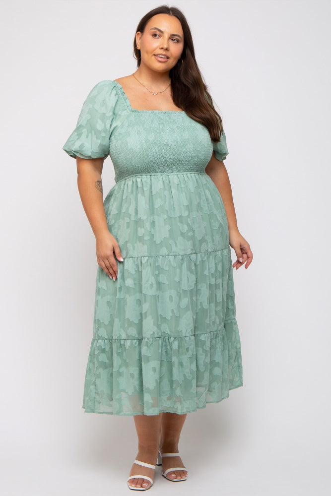 Mint Green Floral Textured Tiered Plus Midi Dress – PinkBlush