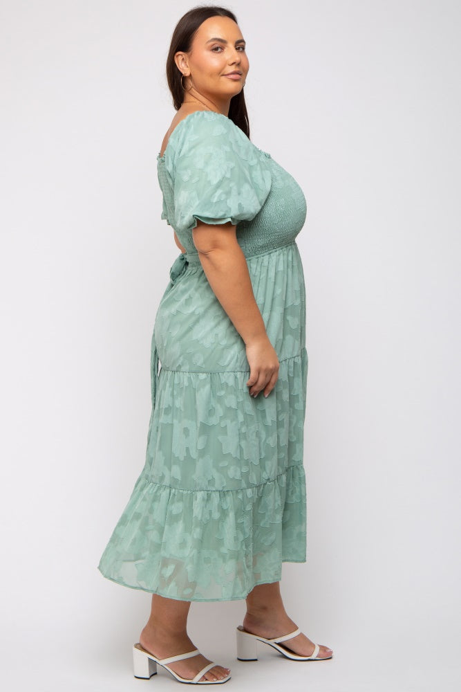 Mint Green Floral Textured Tiered Plus Midi Dress PinkBlush Mint Green Floral Textured Tiered Plus Midi Dress PinkBlush