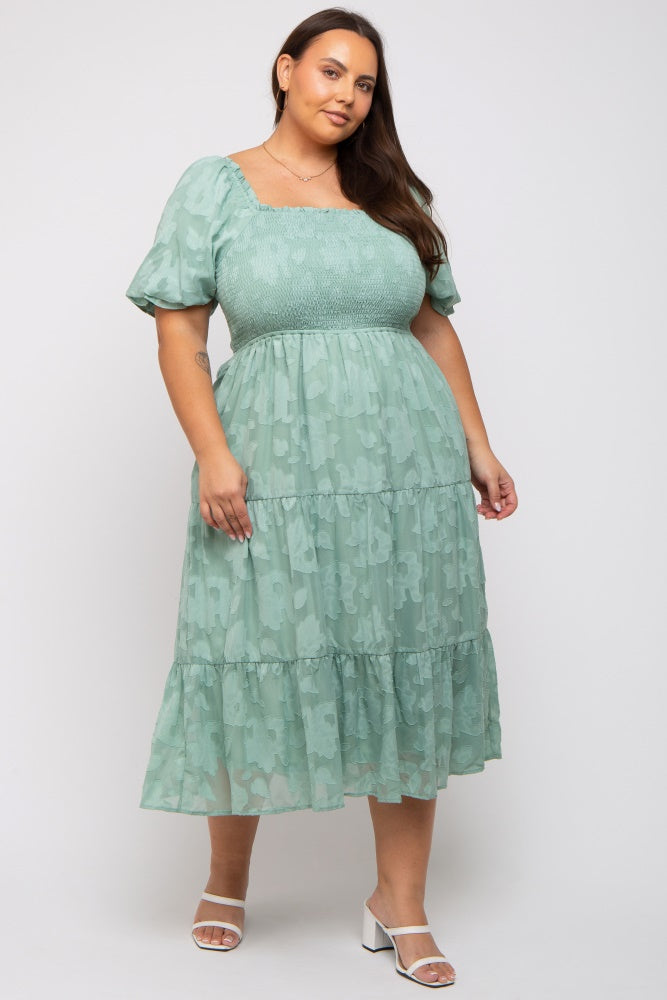 Mint Green Floral Textured Tiered Plus Midi Dress – PinkBlush