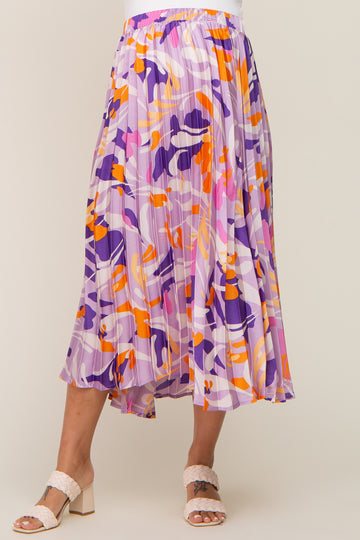 Lavender Printed Satin Pleated Maternity Midi Skirt