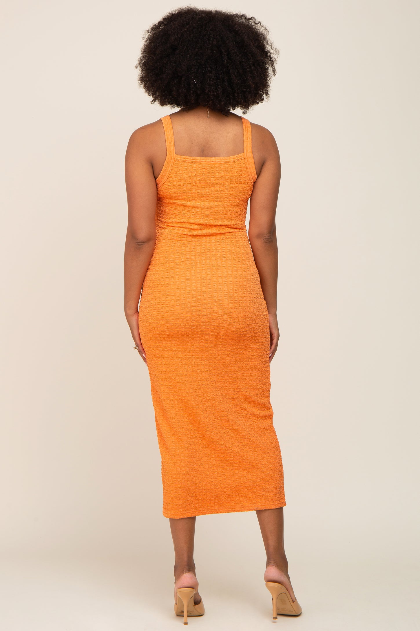 Orange Waffle Knit Snap Front Button Midi Dress