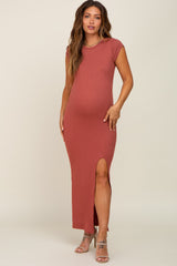 Rust Ribbed Side Slit Maternity Maxi Dress